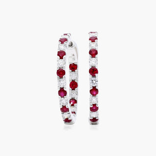 14K White Gold Inside Out Ruby And Diamond Round Hoops, 3/4 Inch Diameter.