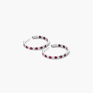 14K White Gold Inside Out Ruby And Diamond Round Hoops, 3/4 Inch Diameter.