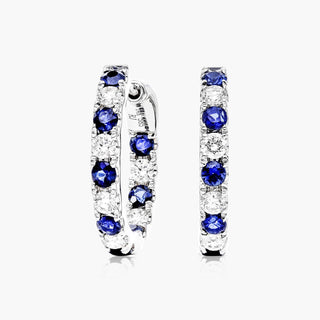 14K White Gold Inside Out Sapphire And Diamond Round Hoops, 1/2 Inch Diameter.