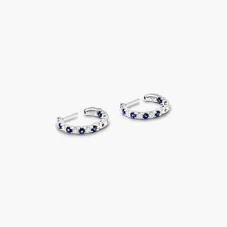 14K White Gold Inside Out Sapphire And Diamond Round Hoops, 1/2 Inch Diameter.