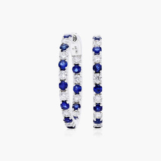 14K White Gold Inside Out Sapphire And Diamond Round Hoops, 3/4 Inch Diameter.