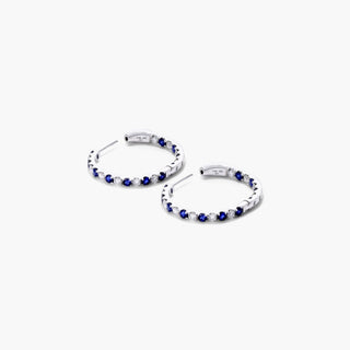 14K White Gold Inside Out Sapphire And Diamond Round Hoops, 3/4 Inch Diameter.