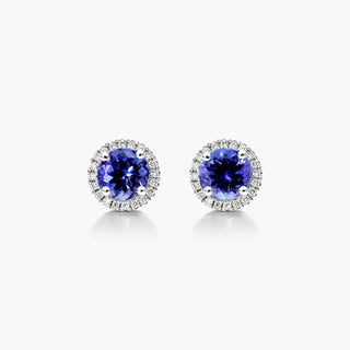 14K White Gold Round Halo Tanzanite And Diamond Earrings