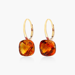 14K Yellow Gold Cushion Cut Madeira Citrine Checkerboard Leverback Earrings (10.0x10.0mm)