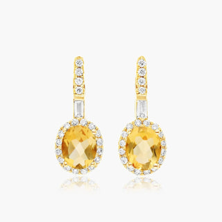 14K Yellow Gold Halo Citrine And Diamond Petite Drop Earrings