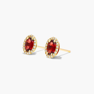 14K Yellow Gold Oval Halo Garnet And Diamond Stud Earrings