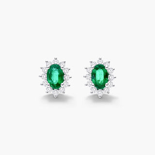 18K White Gold Oval Halo Emerald And Diamond Earrings (6.0x4.0mm)