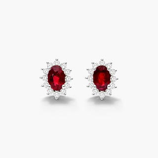 18K White Gold Oval Halo Ruby And Diamond Earrings (6.0x4.0mm)