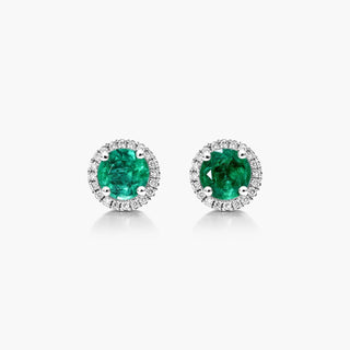 18K White Gold Round Halo Emerald And Diamond Earrings