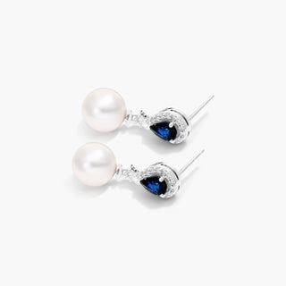 14K White Gold Cultured Akoya Pearl And Sapphire Drop Earrings (9.5 Mm)