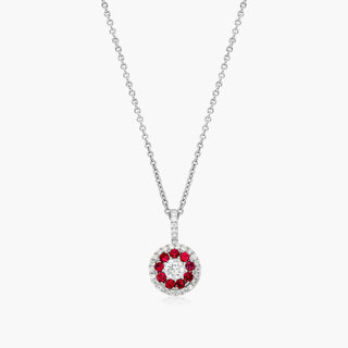 14K White Gold Double Halo Ruby And Diamond Necklace