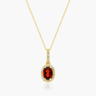 14K Yellow Gold Oval Halo Garnet And Diamond Necklace