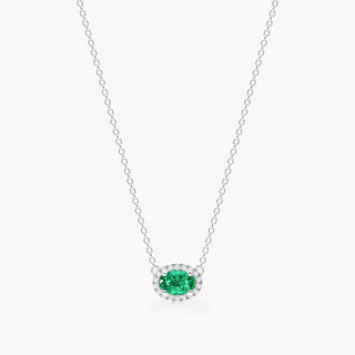 18K White Gold East West Set Oval Halo Emerald And Diamond Necklace (6.0x4.0mm)