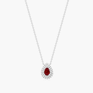 18K White Gold Pear Shape Ruby Double Diamond Halo Necklace