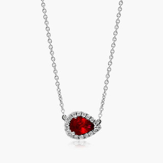 18K White Gold Sideways Pear Ruby And Diamond Halo Necklace