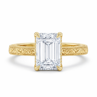 2 Carat Emerald Cut Engraved Engagement Ring in 18k Yellow Gold