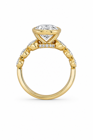 Three-Stone Sculpted Band Bezel Setting on an Oval Cut Engagement Ring