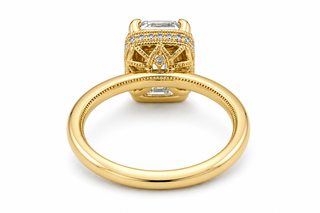 Milgrain Band Emerald Cut Diamond Halo Engagement Ring
