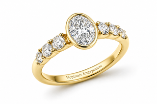 Three-Stone Sculpted Band Bezel Setting on an Oval Cut Engagement Ring
