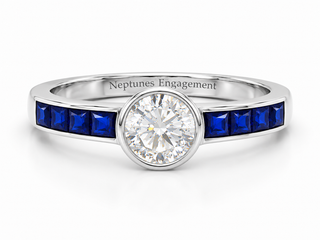 Channel Set Sapphire Band Round Diamond Engagement Ring