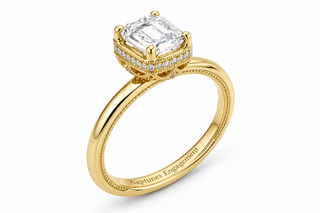 Milgrain Band Emerald Cut Diamond Halo Engagement Ring