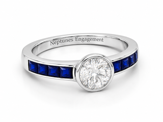 Channel Set Sapphire Band Round Diamond Engagement Ring
