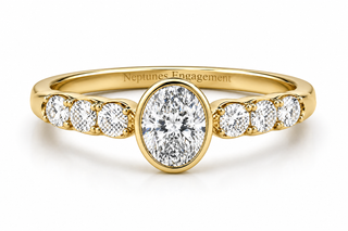 Three-Stone Sculpted Band Bezel Setting on an Oval Cut Engagement Ring