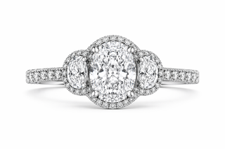 Oval Cut Diamond Engagement Ring – Three Stone Halo, 18K White Gold