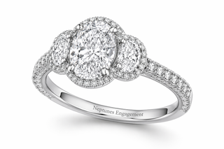 Oval Cut Diamond Engagement Ring – Three Stone Halo, 18K White Gold